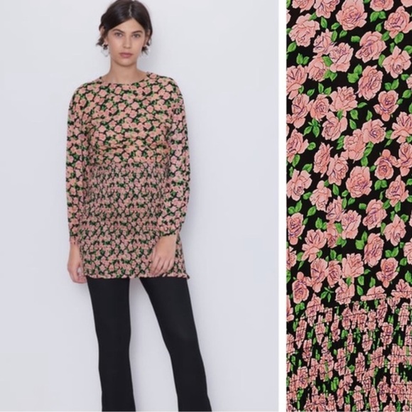 Zara Floral Print Elastic Skirt Long-sleeve Dress - Picture 3 of 14